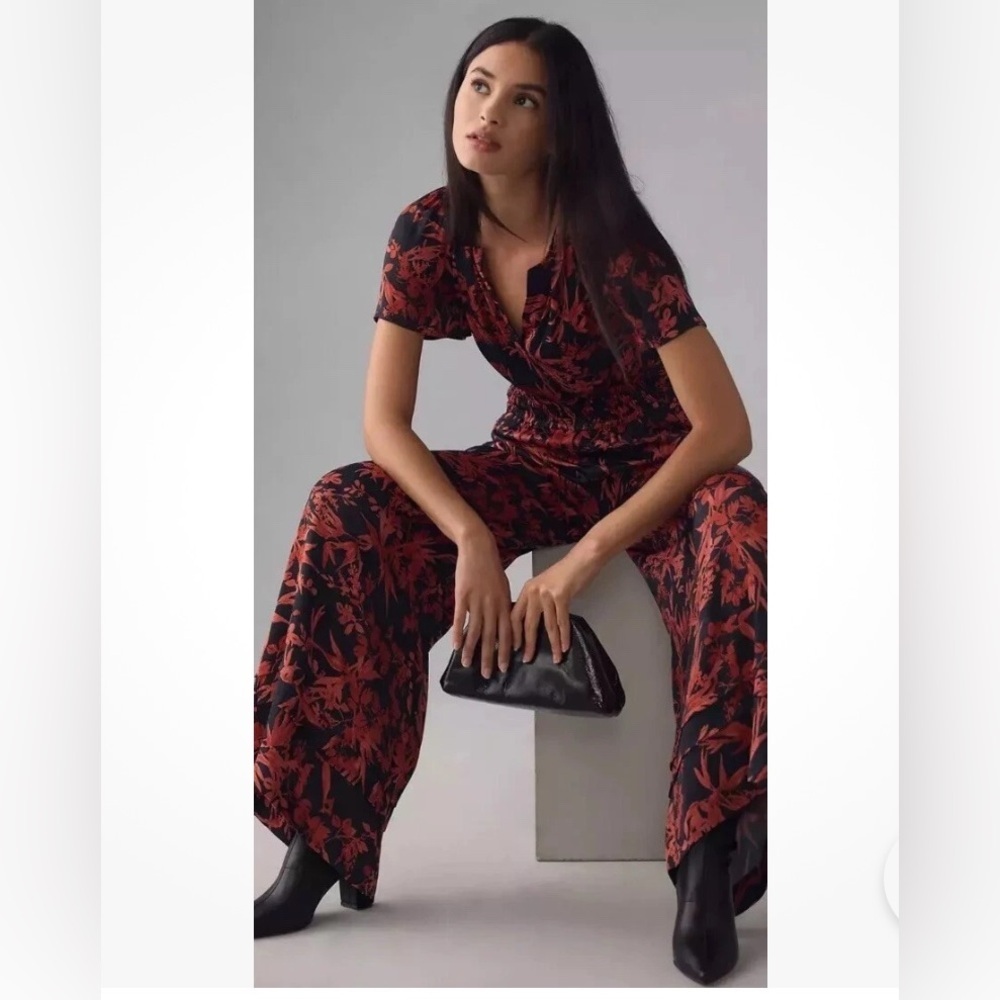 Anthropologie The Somerset Floral Jumpsuit Satin Red Small Wedding Festival Chic - Picture 4 of 15